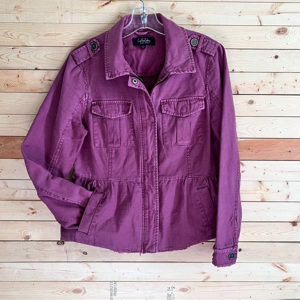 COFFEESHOP New York Purple Zipper Snap Button Front Ruffles Back Jacket size L